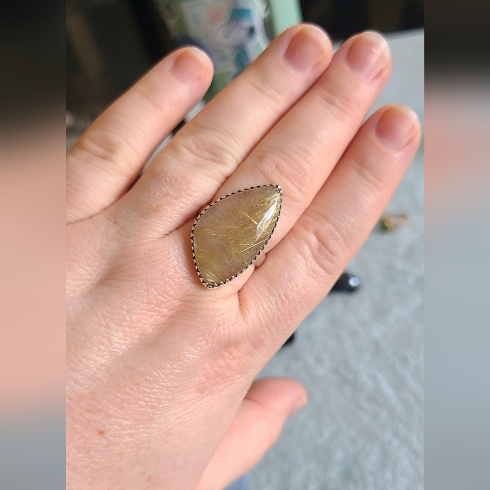 Golden Rutilated Quartz Teardrop Ring In Sterling - Picture 2 of 7